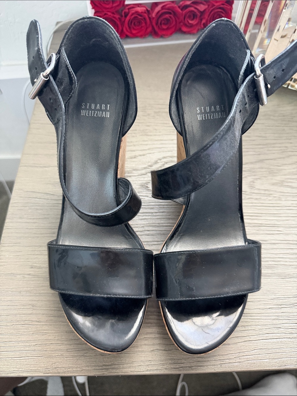 Stuart Weitzman Black Patent Leather Ankle-Strap Heels